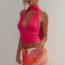 Aislinn | Halter Crop Top – Casual Plunge Neck Scarf Tie Open Back Ruched Front