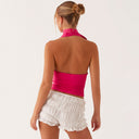 Aislinn | Halter Crop Top – Casual Plunge Neck Scarf Tie Open Back Ruched Front