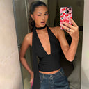 Aislinn | Halter Crop Top – Casual Plunge Neck Scarf Tie Open Back Ruched Front