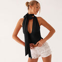 Aislinn | Halter Crop Top – Casual Plunge Neck Scarf Tie Open Back Ruched Front