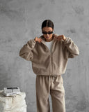 Aiyana | Fleece Two Piece Set – Casual Zip Jacket Long Sleeve Wide Leg Pants