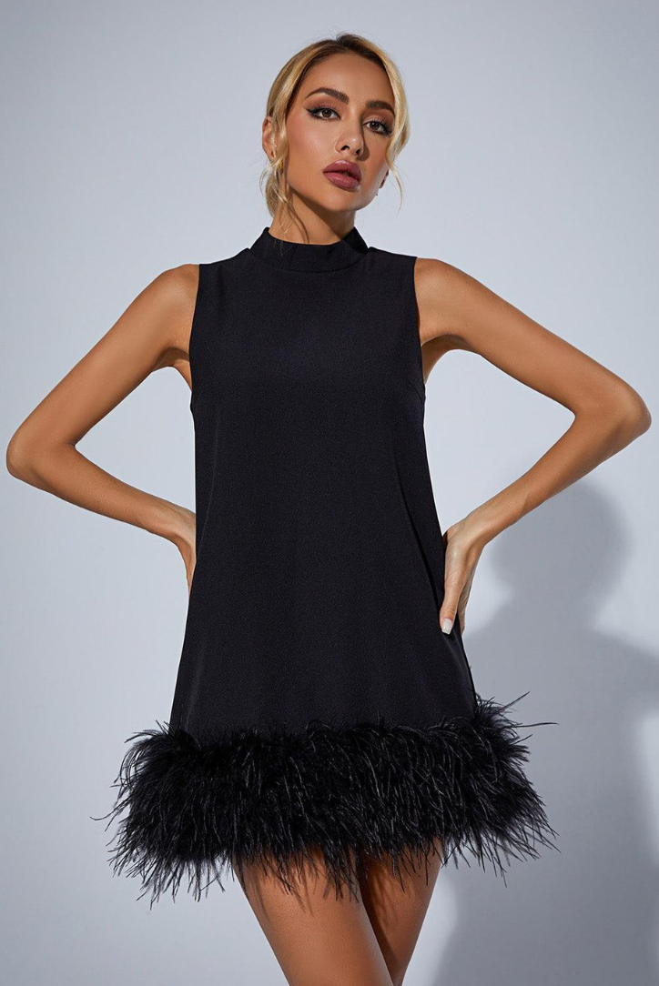 Alaina | Solid Mini Dress – Party Mock Neck Sleeveless Feather Trim Hem