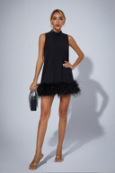 Alaina | Solid Mini Dress – Party Mock Neck Sleeveless Feather Trim Hem