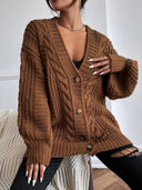 Alana | Oversized Cable Knit Cardigan – Button Front Long Sleeve Casual