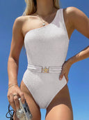 Alba | One Shoulder Textured One Piece Swimsuit – Beach Swim Waist Buckle