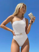 Alba | One Shoulder Textured One Piece Swimsuit – Beach Swim Waist Buckle