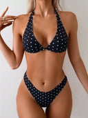 Alena | Polka Dot Bikini Set – Triangle Halter Top High Cut Bottom Swimwear