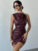 Alessandra | Glossy Mini Dress – Evening High Neck Sleeveless Shoulder Clasp