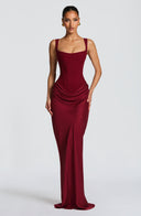 Alina | Satin Corset Maxi Dress – Square Neck Draped Hip Formal Evening Gown