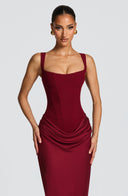 Alina | Satin Corset Maxi Dress – Square Neck Draped Hip Formal Evening Gown