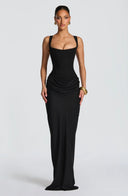 Alina | Satin Corset Maxi Dress – Square Neck Draped Hip Formal Evening Gown