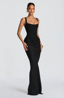 Alina | Satin Corset Maxi Dress – Square Neck Draped Hip Formal Evening Gown