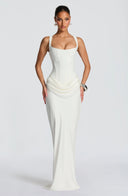 Alina | Satin Corset Maxi Dress – Square Neck Draped Hip Formal Evening Gown