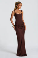 Alina | Satin Corset Maxi Dress – Square Neck Draped Hip Formal Evening Gown