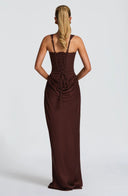 Alina | Satin Corset Maxi Dress – Square Neck Draped Hip Formal Evening Gown