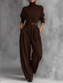 Alisha | Turtleneck Two Piece Set – Casual Long Sleeve Pleated Wide Leg Pants