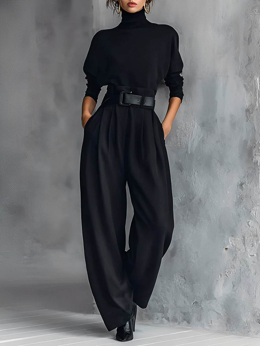 Alisha | Turtleneck Two Piece Set – Casual Long Sleeve Pleated Wide Leg Pants