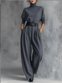 Alisha | Turtleneck Two Piece Set – Casual Long Sleeve Pleated Wide Leg Pants