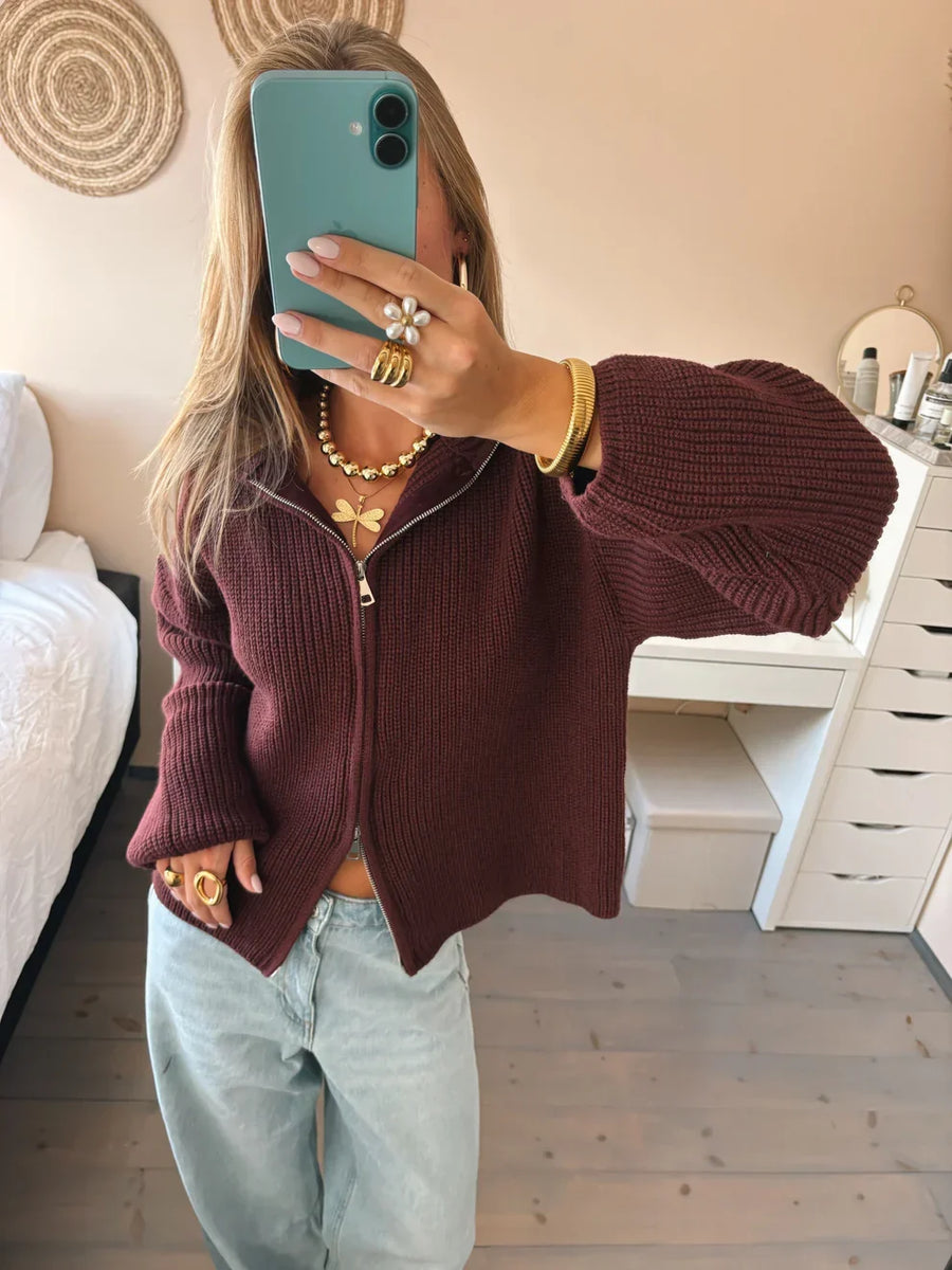 Alivia | Women's Ribbed Zip Front Cardigan – Collared Balloon Sleeve Everyday Wear