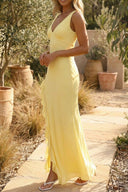Alora | V Neck Chiffon Maxi Dress – Ruffle Split Hem Wedding Guest Summer Gown