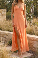 Alora | V Neck Chiffon Maxi Dress – Ruffle Split Hem Wedding Guest Summer Gown