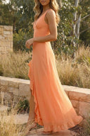 Alora | V Neck Chiffon Maxi Dress – Ruffle Split Hem Wedding Guest Summer Gown