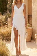 Alora | V Neck Chiffon Maxi Dress – Ruffle Split Hem Wedding Guest Summer Gown