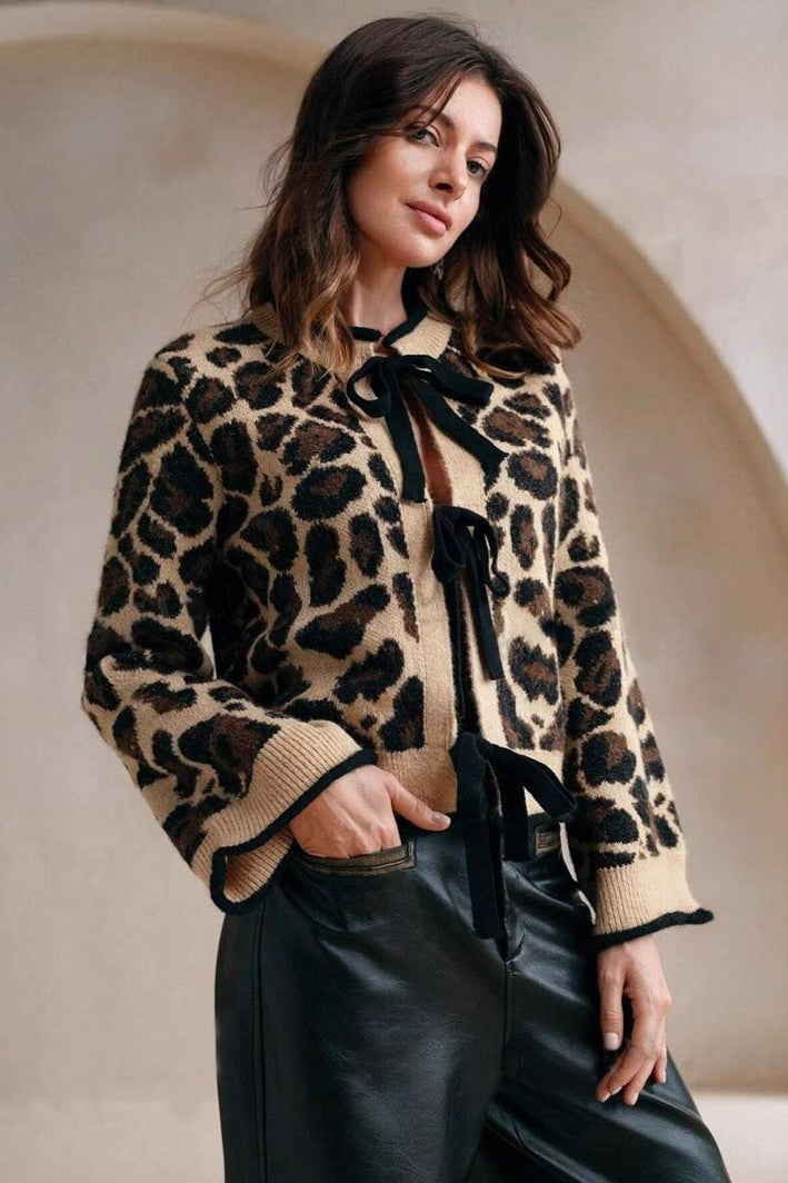 Amabel | Leopard Print Cardigan – Casual Tie Front Crew Neck Long Sleeve