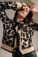 Amabel | Leopard Print Cardigan – Casual Tie Front Crew Neck Long Sleeve