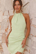 Amayah | Halter Neck Pleated Midi – Twist Knot Draped Split Wedding Guest Dress