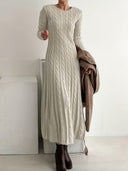 Amethyst | Cable Knit Maxi Dress – Casual Crew Neck Long Sleeve Ribbed Texture