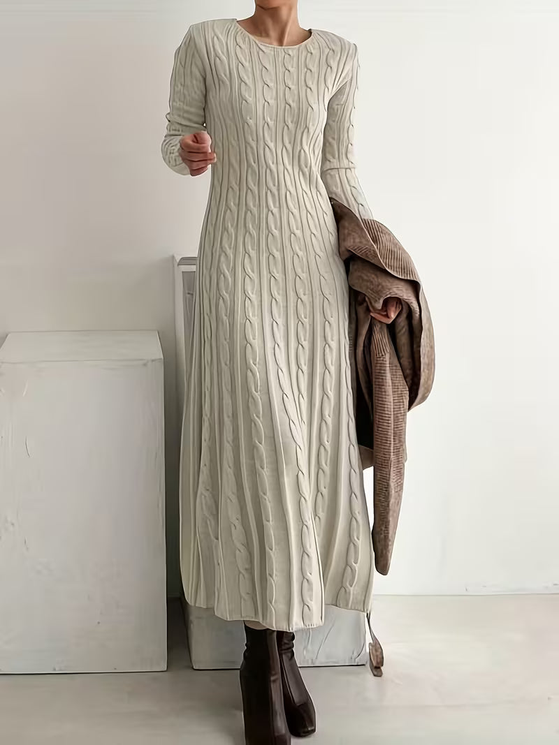 Amethyst | Cable Knit Maxi Dress – Casual Crew Neck Long Sleeve Ribbed Texture