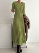 Amethyst | Cable Knit Maxi Dress – Casual Crew Neck Long Sleeve Ribbed Texture