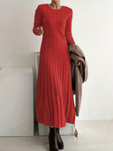 Amethyst | Cable Knit Maxi Dress – Casual Crew Neck Long Sleeve Ribbed Texture