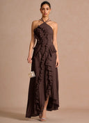 Aminta | Pleated Ruffle Maxi Dress – Evening Halter Neck Asymmetric Hem