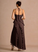 Aminta | Pleated Ruffle Maxi Dress – Evening Halter Neck Asymmetric Hem