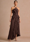 Aminta | Pleated Ruffle Maxi Dress – Evening Halter Neck Asymmetric Hem