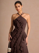 Aminta | Pleated Ruffle Maxi Dress – Evening Halter Neck Asymmetric Hem