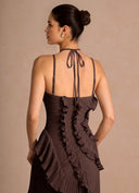 Aminta | Pleated Ruffle Maxi Dress – Evening Halter Neck Asymmetric Hem
