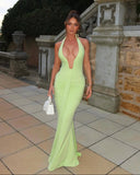 Amira | Halter Plunge Ruched Maxi Dress – Open Back Mermaid Summer Evening Gown