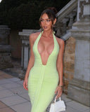 Amira | Halter Plunge Ruched Maxi Dress – Open Back Mermaid Summer Evening Gown