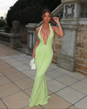 Amira | Halter Plunge Ruched Maxi Dress – Open Back Mermaid Summer Evening Gown