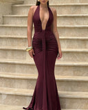 Amira | Halter Plunge Ruched Maxi Dress – Open Back Mermaid Summer Evening Gown