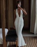 Amira | Halter Plunge Ruched Maxi Dress – Open Back Mermaid Summer Evening Gown