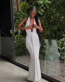 Amira | Halter Plunge Ruched Maxi Dress – Open Back Mermaid Summer Evening Gown