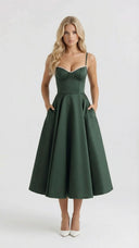 Amity | Sweetheart Midi Dress – Evening Spaghetti Strap Bust Cups Flared Skirt