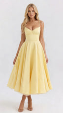 Amity | Sweetheart Midi Dress – Evening Spaghetti Strap Bust Cups Flared Skirt