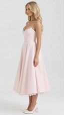 Amity | Sweetheart Midi Dress – Evening Spaghetti Strap Bust Cups Flared Skirt