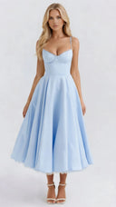 Amity | Sweetheart Midi Dress – Evening Spaghetti Strap Bust Cups Flared Skirt