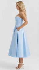 Amity | Sweetheart Midi Dress – Evening Spaghetti Strap Bust Cups Flared Skirt
